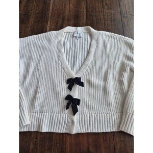 Pink Rose White Knit Cardigan With Black Velvet Bows size L